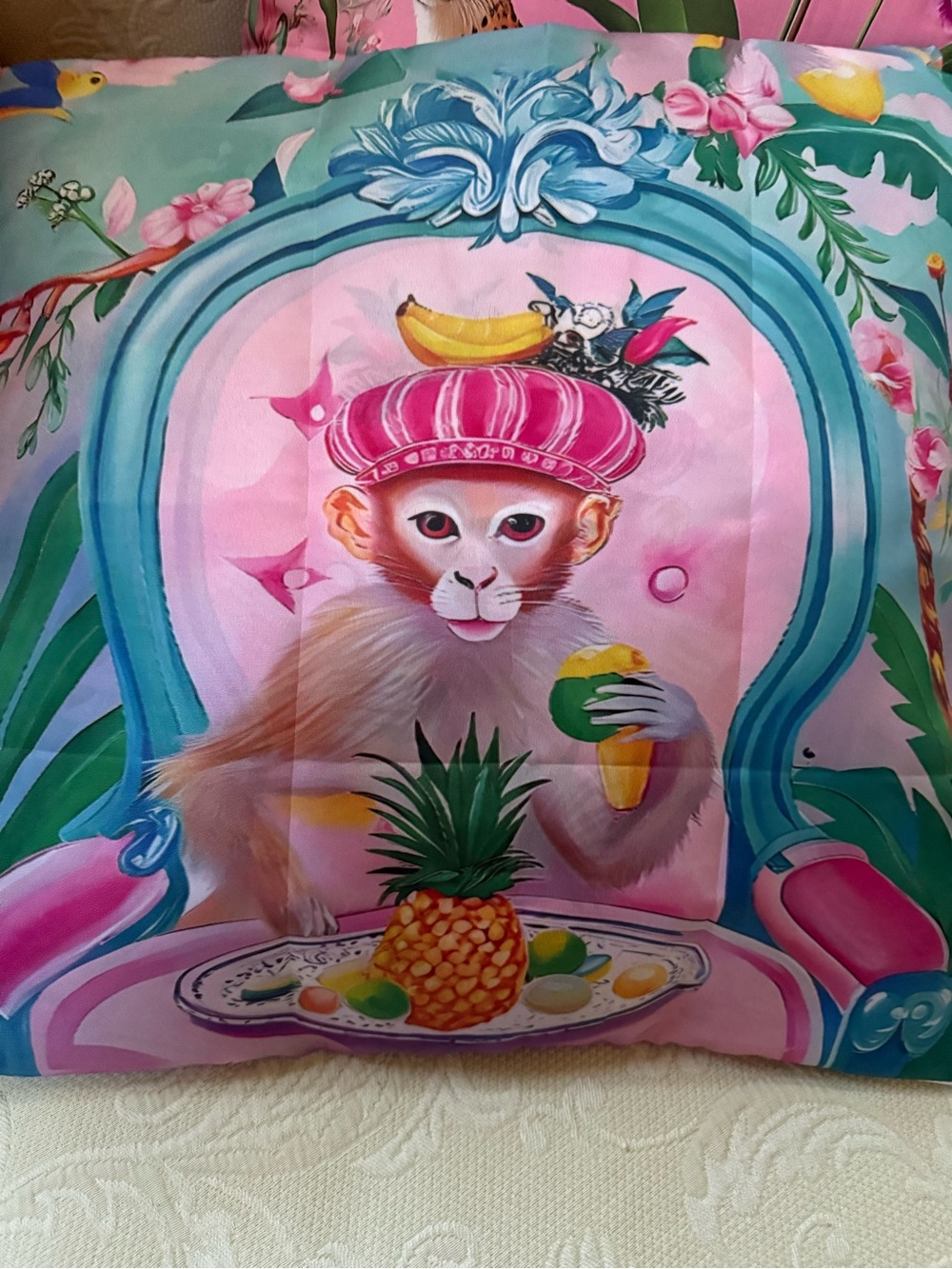 Pink Monkey Decorative Throw Pillow Cover with Tropical Print